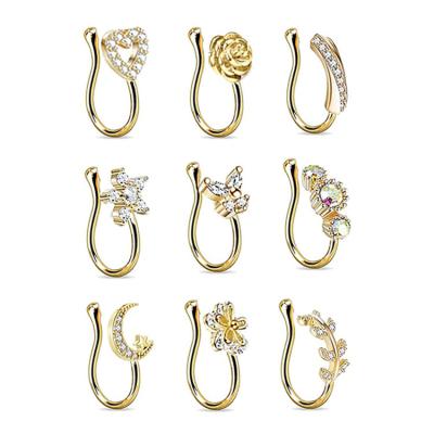 China 9Pcs/Set Hot Punk Clear Zircon Moon Butterfly U Shape Nose Rings For Women Non Piercing Septum Faux Nose Cuffs for sale