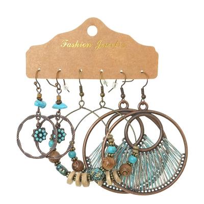 China 3Pairs Boho Ethnic Big Circle Beaded Drop Dangle Earrings For Women Bronze National Style Flower Earring Jewelry Set for sale