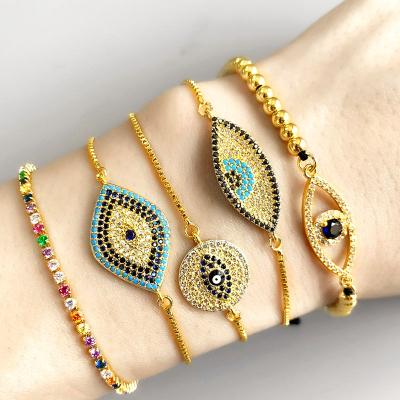 China Lead Free Nickel Free Fashion 18K Gold Plated Evil Eyes Bracelet Copper Brass Bead Rainbow Geometric CZ Eyes Charm Bracelet for sale