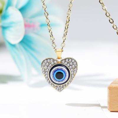 China Wholesale Blue Eye Turkish Heart Necklace Gold Non-fading Crystal Eye Coin Women Necklace Pendant Chain for sale