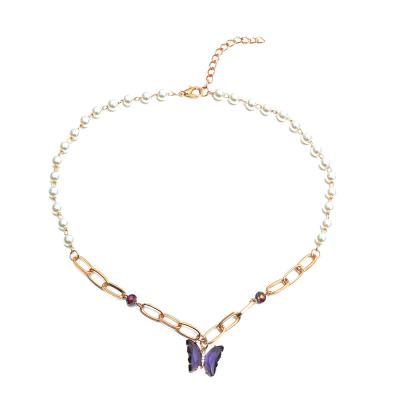 China Environmentally Friendly Luxury Purple Pearl Zircon Chain Necklace Korean Gold Plated CZ Zircon Crystal Butterfly Necklace for sale