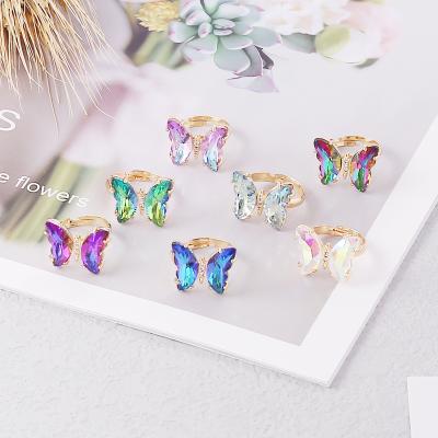 China New Design Cute European Gradient Animal Butterfly Rings Beautiful Colored Glass Butterfly Shaped Open Rings for sale