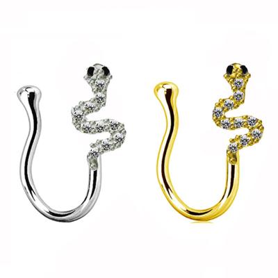 China Hot Selling Punk CZ Brass Paved Crystal Animals Fake Nose Ring With Women Non Piercing Snake Nose Cuffs for sale