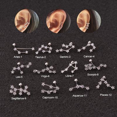 China CLASSIC Zodiac 12 Star Sign Tasty Bone Stud Ear Stud Unique Zircon Ear Piercing For Women Fit Stainless Steel Zodiac Stud Earrings for sale