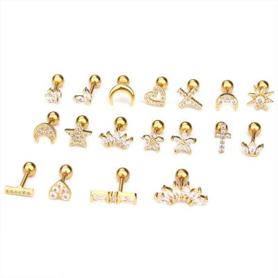 China New Vintage 1pcs Stainless Steel Star Heart Ear Bone Studs Screw Stud Earrings With Clear Zircon Women's Ear Piercing for sale