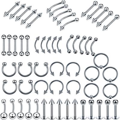 China Bulk Ring Tongue Bar Steel Body Surgical Piercing Jewelry Lot Eyebrow Labret Nose Belly Classic 60Pcs/Set Silver Color Punk Spell for sale