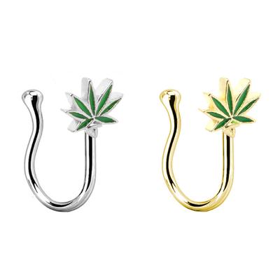 China Fashionable Punk Multiple Styles Ring With Women Man Leaf Nose Piercing Cuffs Non Copper Green U Nose Fake Leaves for sale