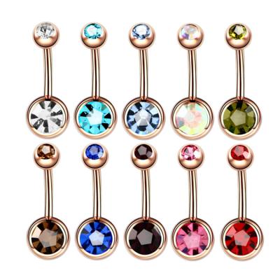 China Classic CLASSIC 14G Rose Gold Cubic Zirconia Belly Button Rings For Girl Summer Round Barbell Surgical Steel Belly Ring for sale