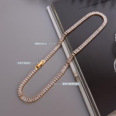 China FASHION Trendy 18k Gold Plated Stainless Steel Baguette Diamond Chain Necklace Cubic Zirconia CZ Iced Out Square Tennis Chain Necklace for sale