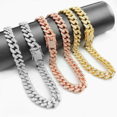 China Hip Hop Jewelry 12MM Rose Gold Plated Iced Out CZ Diamond Cuban Chain Necklace Cuban Fork Lead Free Nickel Free Link Chain for sale