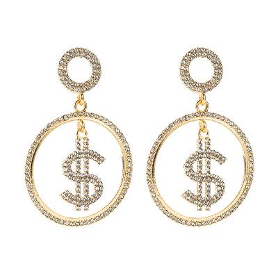 China Luxury BOHEMIA Silver Sign Rhinestone Earrings For Women Wedding Shining Crystal Dollar Letter Circle Earrings Jewelry $ for sale