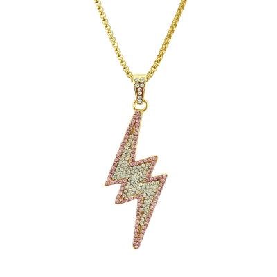 China New Hiphop Jewelry Men's Zircon Paved Two Tone Lightning Pendant Necklace Gold Plated Chain Necklace for sale