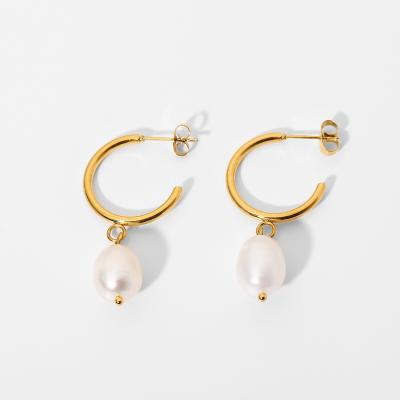 China YICAI Simple Cute 18K Gold Plating Metal Pearl Drop Earrings For Women Stainless Steel Circle Statement Hoop Earrings for sale