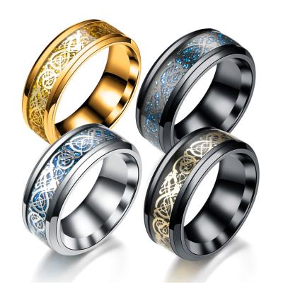 China Silver Color 8mm Wide Popular TRENDY Dragon Inlay High Polished Beveled Celtic Edges Celtic Men Women Stainless Steel Mens Rings for sale