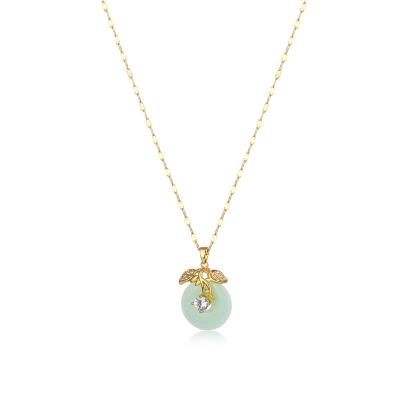 China Lead Free Nickel Free Lucky 18K Gold Round Natural Light Green Stone Flower Jade Necklace Gemstone Leaf Necklace Stainless Steel Natural for sale