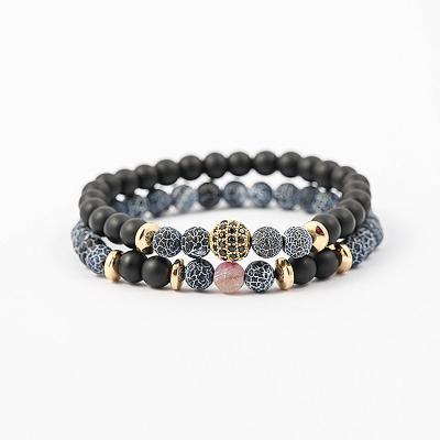 China New Design 2Pcs/Set Punk Stone Natural Hematite Beads CZ Skull Micro Pave Beaded Elastic Ball Men Bracelet Set for sale