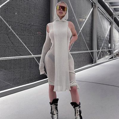 China QUICK DRY QUICK DRY Autumn See Through One Shoulder Hooded Ribbed Dress 2 Piece Set Women Clothes for sale