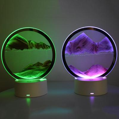 China Modern Dynamic Round Glass Hourglass Night Light Desk Decor Lamp 3D Art Sahara Moving Quick Sand Scene Table Painting LED Quicksand for sale