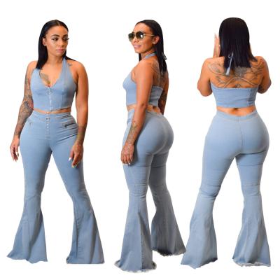 China 2021 New Fashion Sleeveless Crop Breathable Upper Wide Leg Pants Flare Bell Bottom Jeans Pants 2 Piece Set Women Clothing Plus Size Set for sale