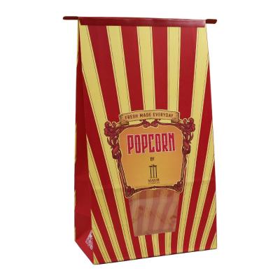 China Recyclable Custom 130OZ Eco Friendly Food Grade Popcorn Paper Bags Greaseproof Square Bottom Packaging Food Bags with Clear Window for sale