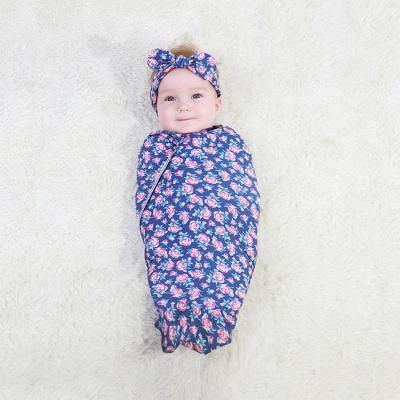 China Hot Selling Sustainable Baby Wrap Blanket And Headband Set Printed Cotton Two Piece Sets For Newborn Infant for sale