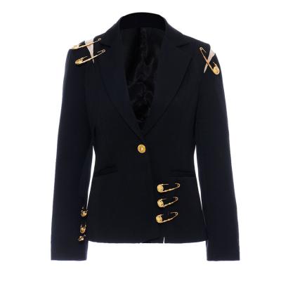 China Women Breathable Blazer Black With Pin Collar Sleeve Jacket Summer Single Breasted Spring Turn Down Long for sale