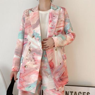 China Breathable Breathable Women Printed Mixed Color Double Breasted Blazer New Lapel Long Sleeve Loose Jacket Fashion Tide Spring Autumn for sale