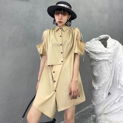 China Turn Down Shirt Breathable Breathable Dress Off Shoulder Retro Elegant Asymmetrical Irregular Skirt For Women Summer Spring for sale