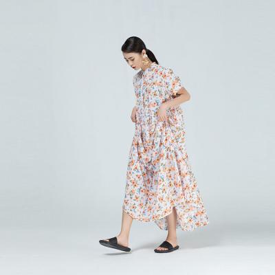 China Breathable Turtle Neck Floral Print Retro Long Sleeve Dress Chiffon Layered Short Skirt For Women Summer for sale