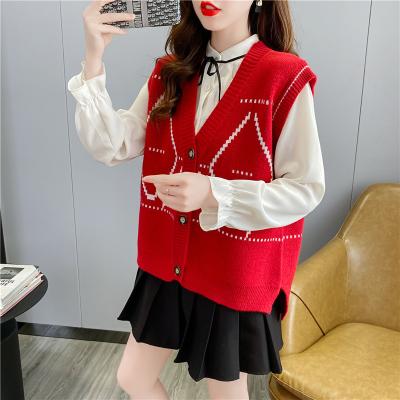 China V-Neck Geometric Print Sweater Cardigan Loose Knitting Sleeveless Vest For Women Autumn Spring for sale