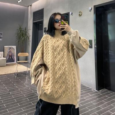 China Autumn Winter Breathable Patchwork Fashion Tide Round Neck Sweater Coat Sweater Coat Loose Loose Thick Waist Long Size for sale