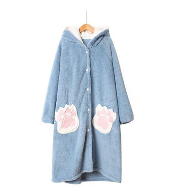 China Custom Women's Sleepwear Water Absorb Warm Soft Fleece Nightgown Loose Thick Winter Pocket Hooded Flannel Sleep Robe Couple Long Pajamas for sale