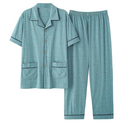 China Custom Cotton Mens 100% Cotton Plaid Printed Short Sleeve Shirt And Long Pants Sleepwear With Pockets Loose Breathable Pajama Suits for sale