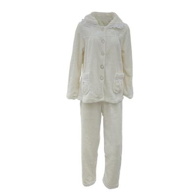 China Absorb Water Custom Women Winter Fleece Sleepwear Sets Thicken Solid Color Lapel Long Warm Shirt Pajamas Indoor Sets for sale