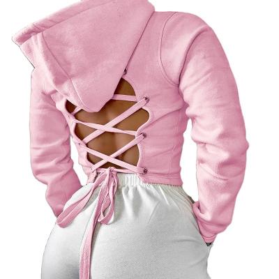 China New Fashion Long Sleeve Breathable Solid Oversized Hoodie Casual Streetwear Lace Up Hoodie Woman Cropped Top Crop Hoodie for sale