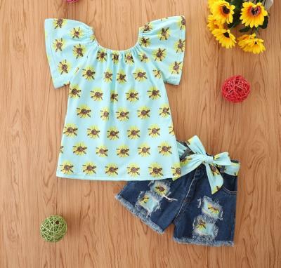 China Girls Casual Kid Sunflower And Jeans Shorts Summer Set for sale