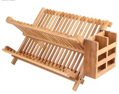 China Sustainable Bamboo Folding 2-Tier Folding Dish Rack Rack Bamboo Dish Drying Rack with Utensils Flatware Rack Set for sale