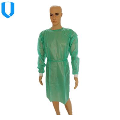 China Elastic Cuff PP Coated PE AAMI Level 2 Disposable Waterproof Visitor Gown Isolation Gown for sale