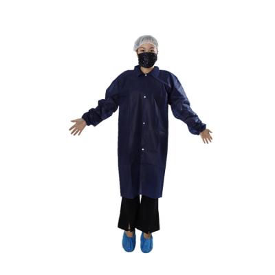 China Dark Blue Disposable Knitted Cuff Polypropylene Lab Coat Collar Lab Coats Elastic Cuff Visiting Coats for sale