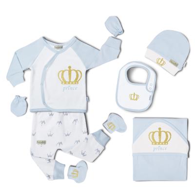 China Antibacterial Newborn Baby Gift Set Blue Crown Design 6 Pcs Baby Romper Baby Clothes for sale