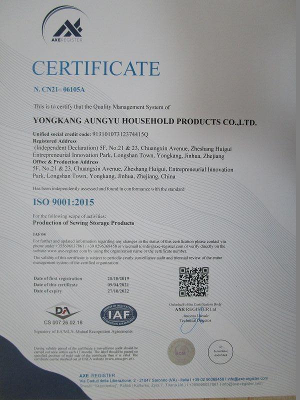 ISO9001 - Yongkang Aungyu Household Products Co., Ltd.