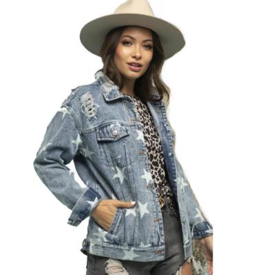 China wholesale new arrival Anti-wrinkle star printed denim jacket women loose casual denim coat with pockets for sale