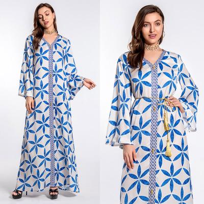 China Wholesale Dubai Abaya Dress Tunic Printing Long Sleeve Polyester Muslim Middle Eastern Women Maxi Dress for sale