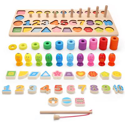 China 2020 Wooden Educational Toys Montessori Toys Count Geometric Shape Building Fishing Game 5 Toys In 1 Puzzle Panels WPT28-J for sale