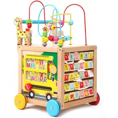 China Game For Children 2020 Baby Wooden Educational Learning Walker WBW003 4 Sided Maze Bead Infant Giraffe Wooden Block Game Toy for sale