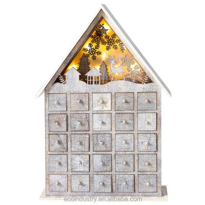 China Morden House Design Countdown Snow Scene Led Advent Calendar Wooden Box With Drawers As Christmas Ornaments Christmas Gift For Kids for sale