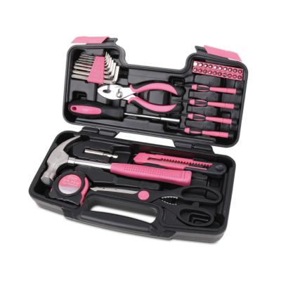 China Pink 39 Pcs Portable Home Garden Work Tool General Repair Screwdriver Pliers Kit Hammer Hex Household Hand Tool Box for sale