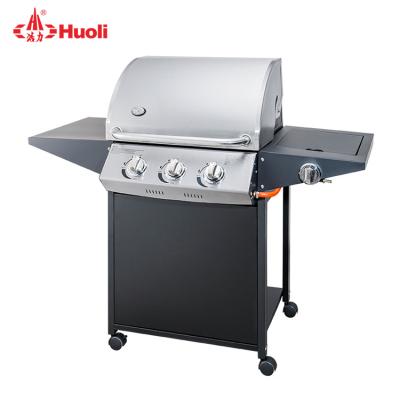 China Factory Size HUOLI Adjustable Outdoor Smokeless Teppanyaki 3 Burners Stainless Steel LPG BBQ Grill Free Grill for sale