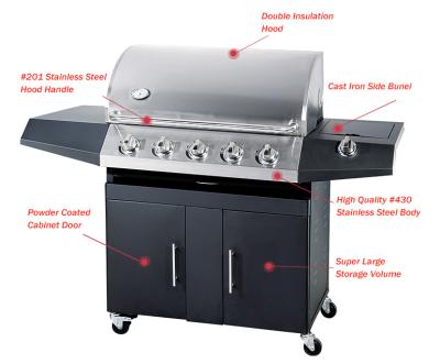 China China Adjustable Professional Outdoor Garden Height Heavy Duty 5 Burners Free Standing Gas Grill Machine Smokeless BBQ for sale