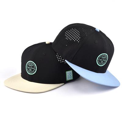 China JOINT Logo Mesh Hat 6 Panel Snapback Bill Rubber Patch Laser Cutting Flat Drilled Hole Perforated for sale